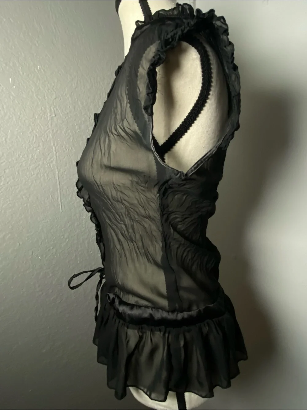 Y2K Whimsygoth Black Chiffon & Satin Drawstring Waist Blouse Size Medium